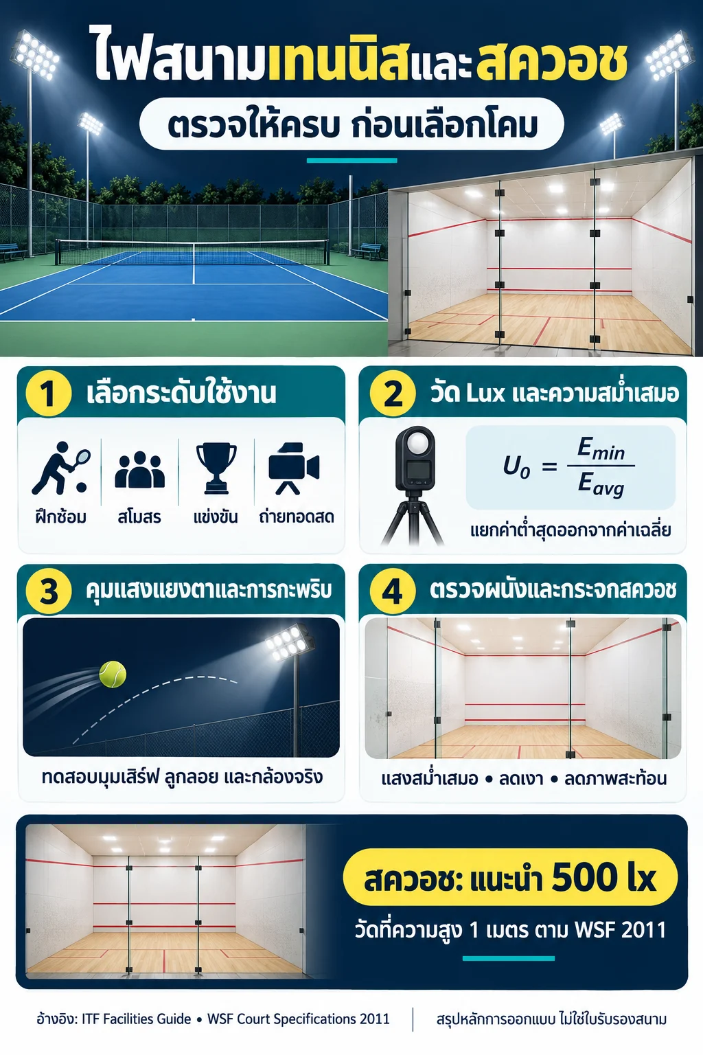 อินโฟกราฟิกไฟสนามเทนนิสและสควอช: เลือกระดับใช้งาน วัด Lux คุมแสงแยงตา และตรวจผนังกระจก
