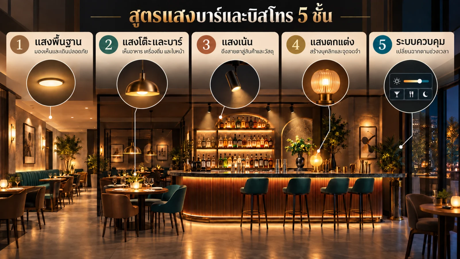 อินโฟกราฟิกสูตรแสงบาร์และบิสโทร 5 ชั้น ตั้งแต่แสงพื้นฐานถึงระบบควบคุม