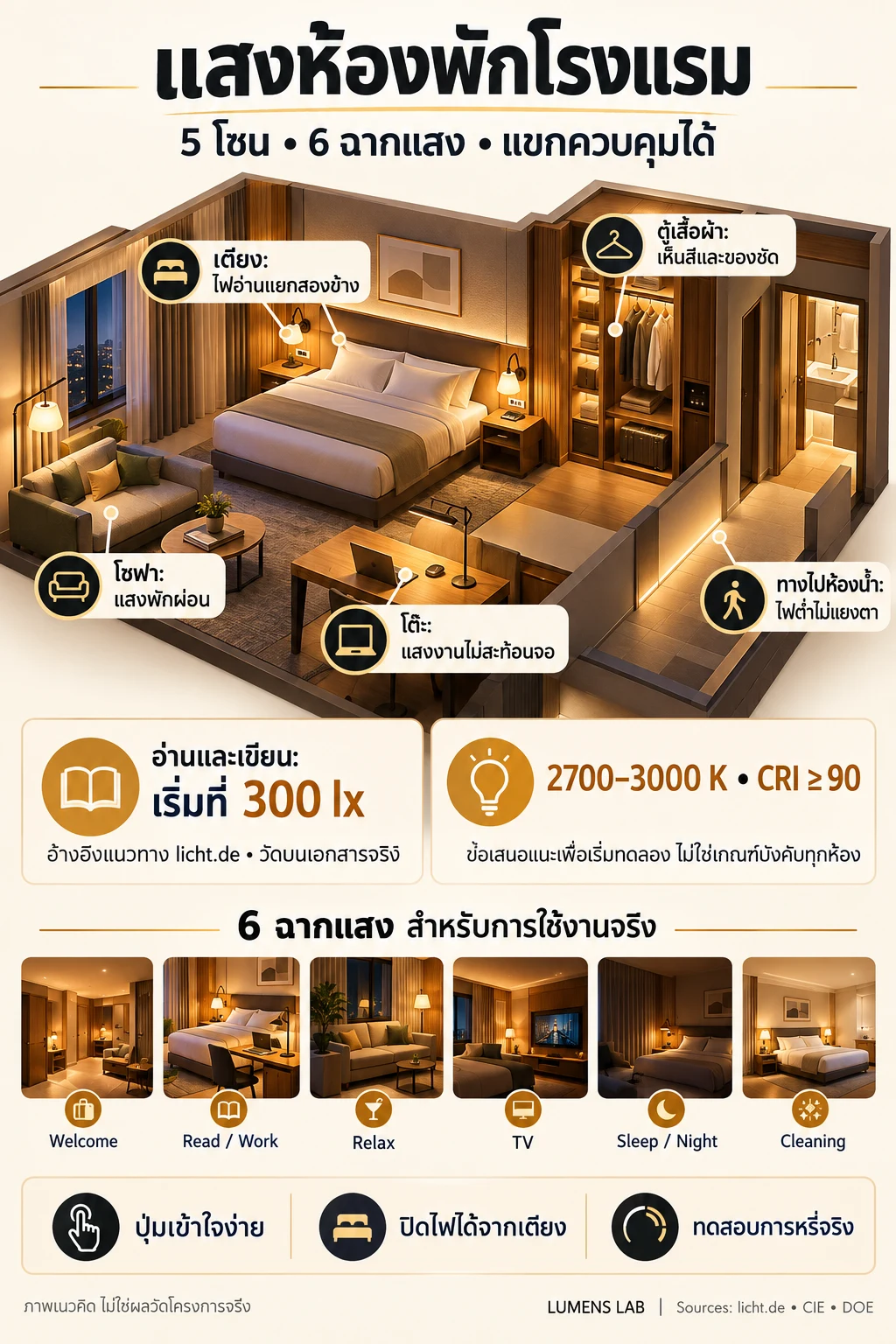 อินโฟกราฟิกออกแบบแสงห้องพักโรงแรม 5 โซน 6 Scene พร้อมไฟอ่าน 300 lx และไฟนำทาง