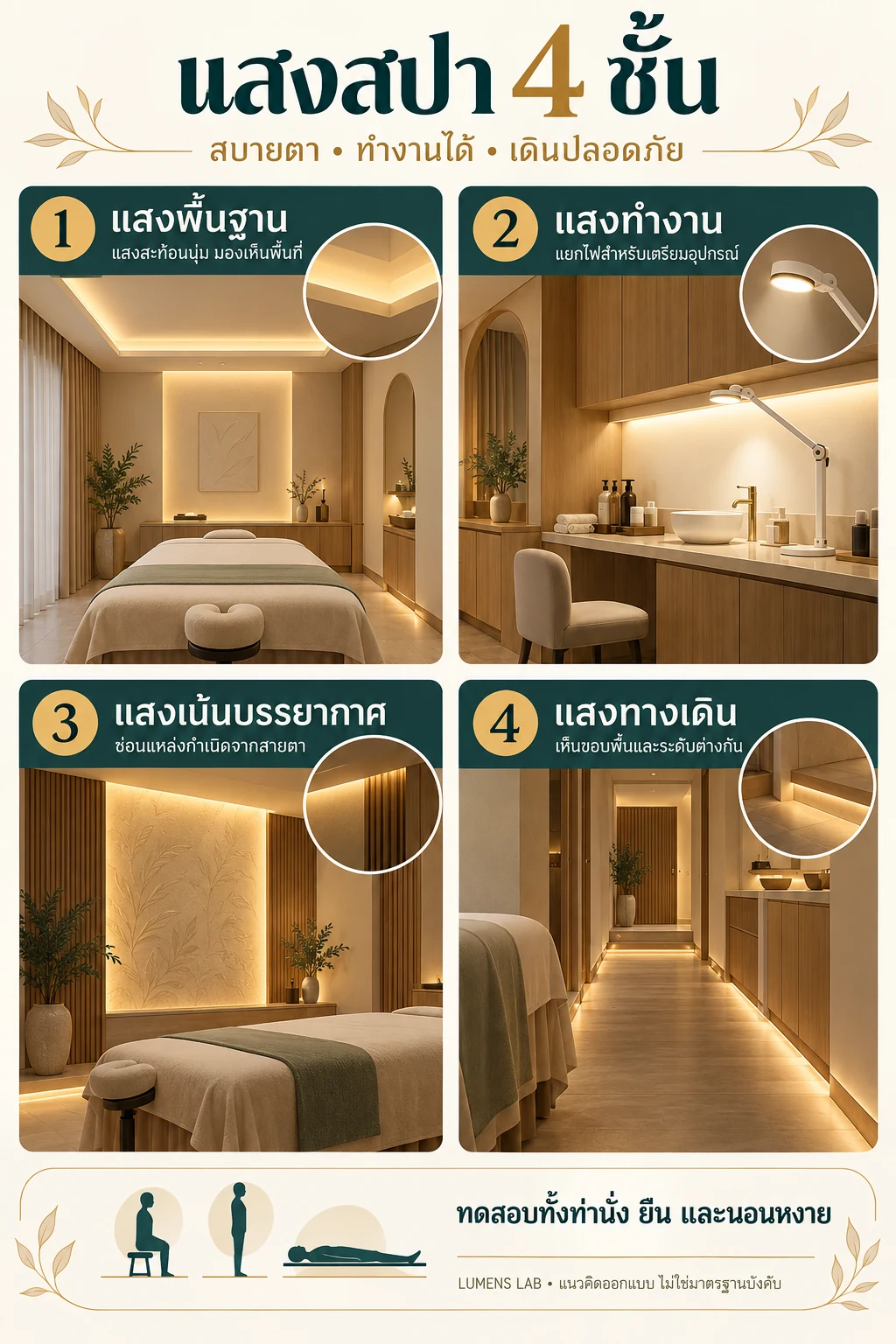 แสงสปา 4 ชั้น: แสงพื้นฐาน แสงทำงาน แสงเน้นบรรยากาศ และแสงทางเดิน