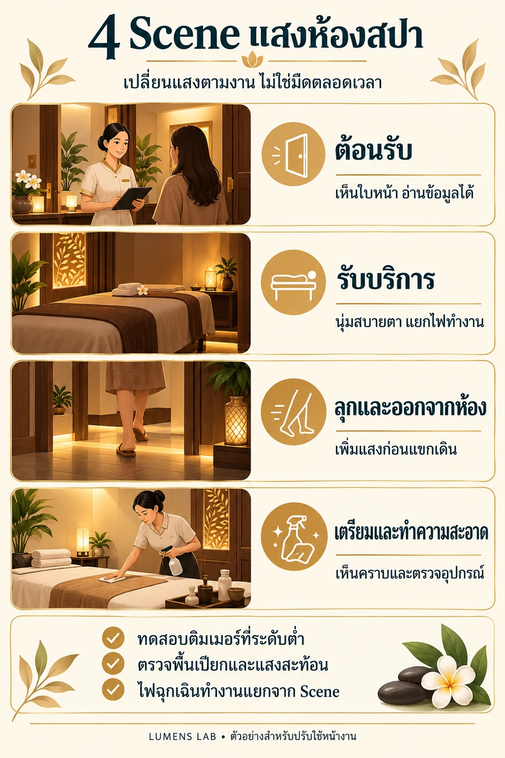 4 Scene แสงห้องสปา: ต้อนรับ รับบริการ ลุกออกจากห้อง และเตรียมทำความสะอาด