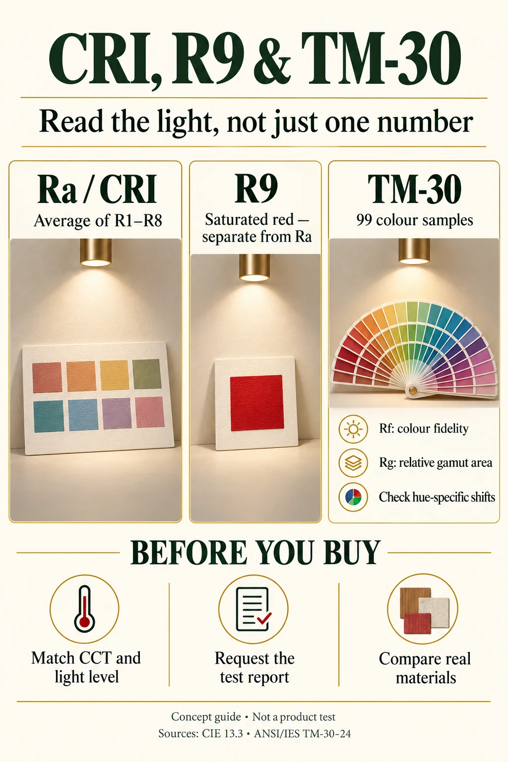อินโฟกราฟิก CRI: Ra เฉลี่ย R1–R8, R9 ตรวจสีแดงแยกต่างหาก และ TM-30 ใช้ 99 ตัวอย่างสีพร้อม Rf และ Rg