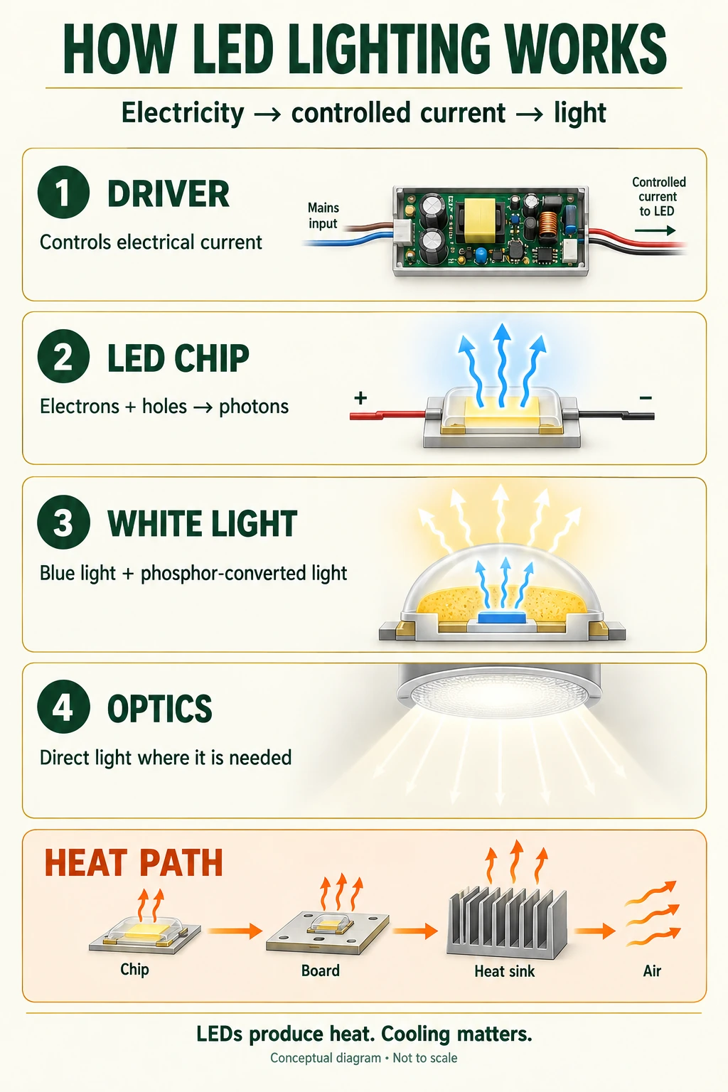 How LED lighting works: driver controls current, chip emits photons, phosphor helps produce white light and optics distribute it, with a separate heat path through board and heat sink