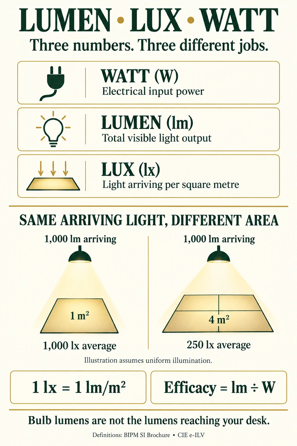 Watt measures input power, lumen measures light output, and lux measures light per area: 1,000 arriving lumens average 1,000 lux over 1 square metre or 250 lux over 4 square metres