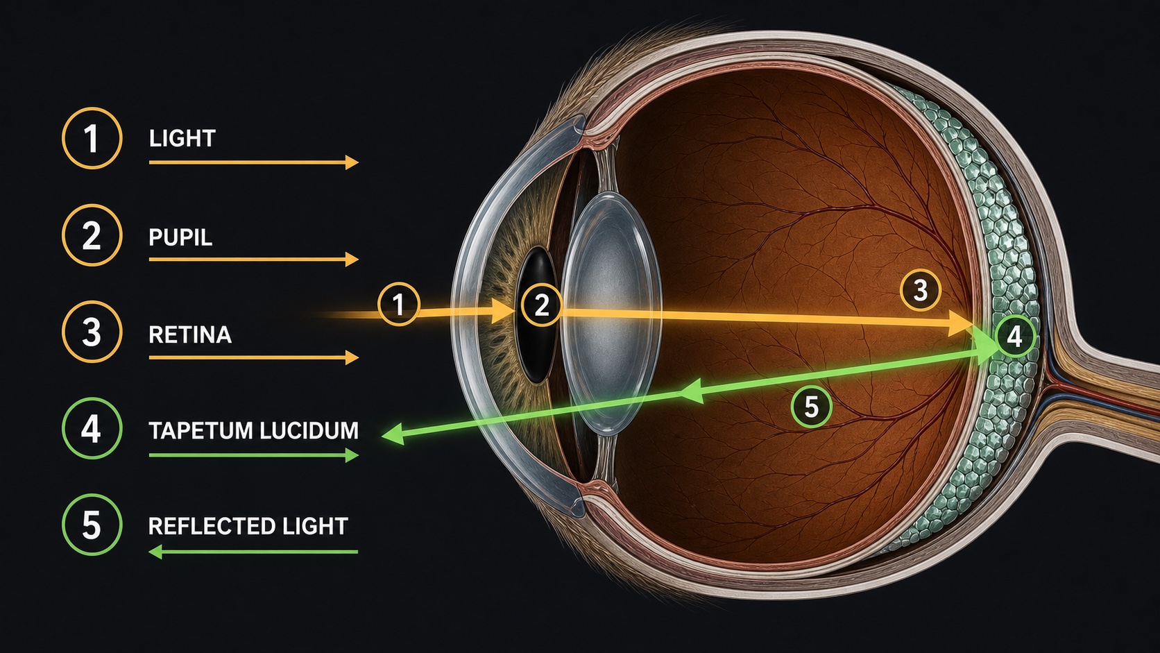 อินโฟกราฟิกเส้นทางแสงผ่าน retina และสะท้อนจาก tapetum lucidum ในดวงตาแมว