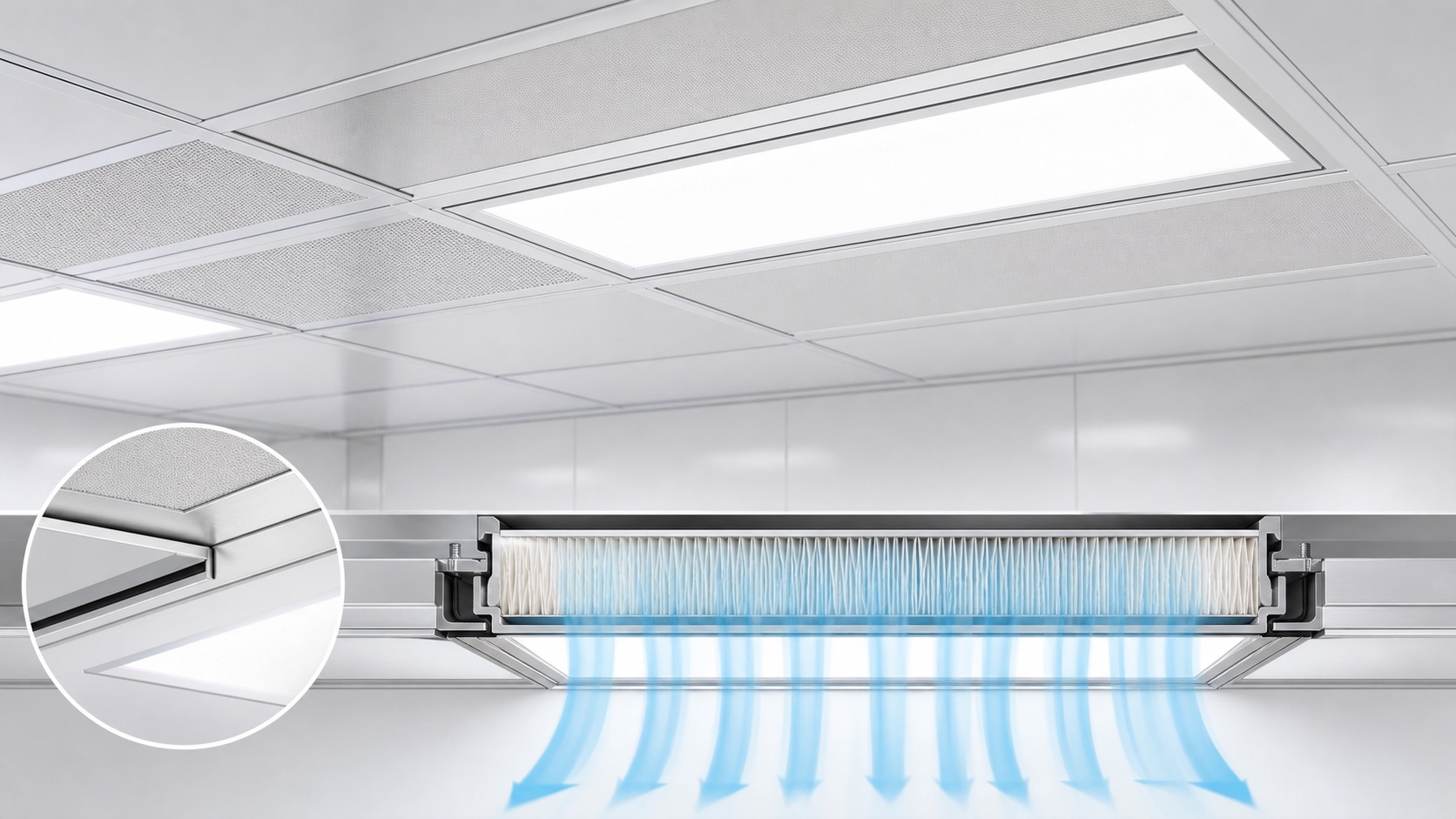 รายละเอียดโคมไฟห้อง cleanroom แบบ flush mount ข้างแผง HEPA และซีลกันฝุ่น
