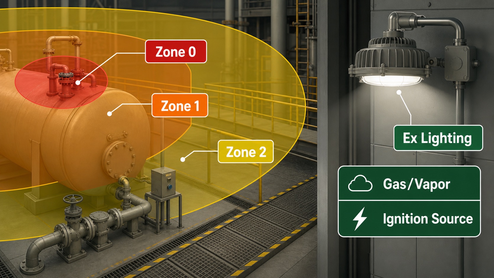 แผนภาพ Zone Classification สำหรับเลือกโคมไฟ explosion-proof ใน hazardous area
