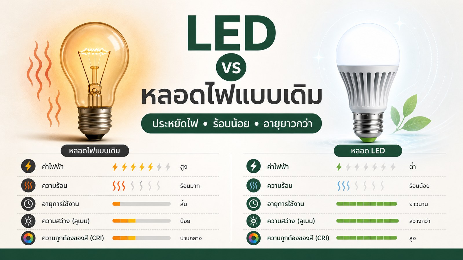 LED vs หลอดไฟแบบเดิม: เปรียบเทียบความคุ้มค่า แสง และค่าไฟ