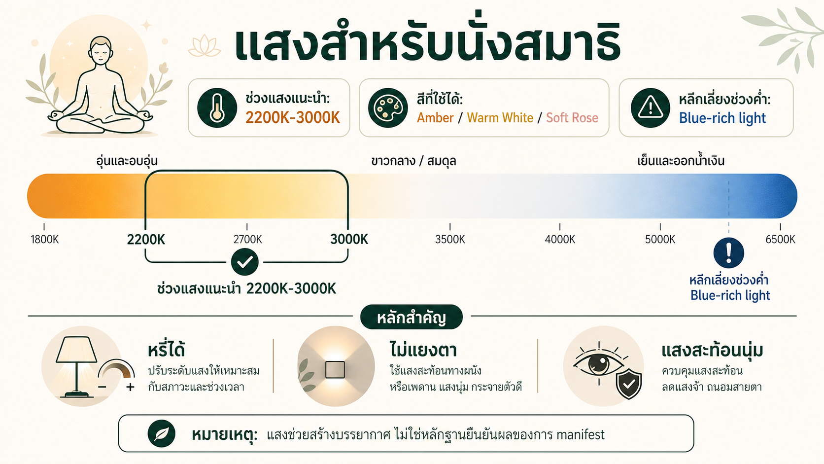 อินโฟกราฟิกแสงสำหรับนั่งสมาธิ แนะนำช่วง 2200K ถึง 3000K และหลีกเลี่ยง blue-rich light ช่วงค่ำ