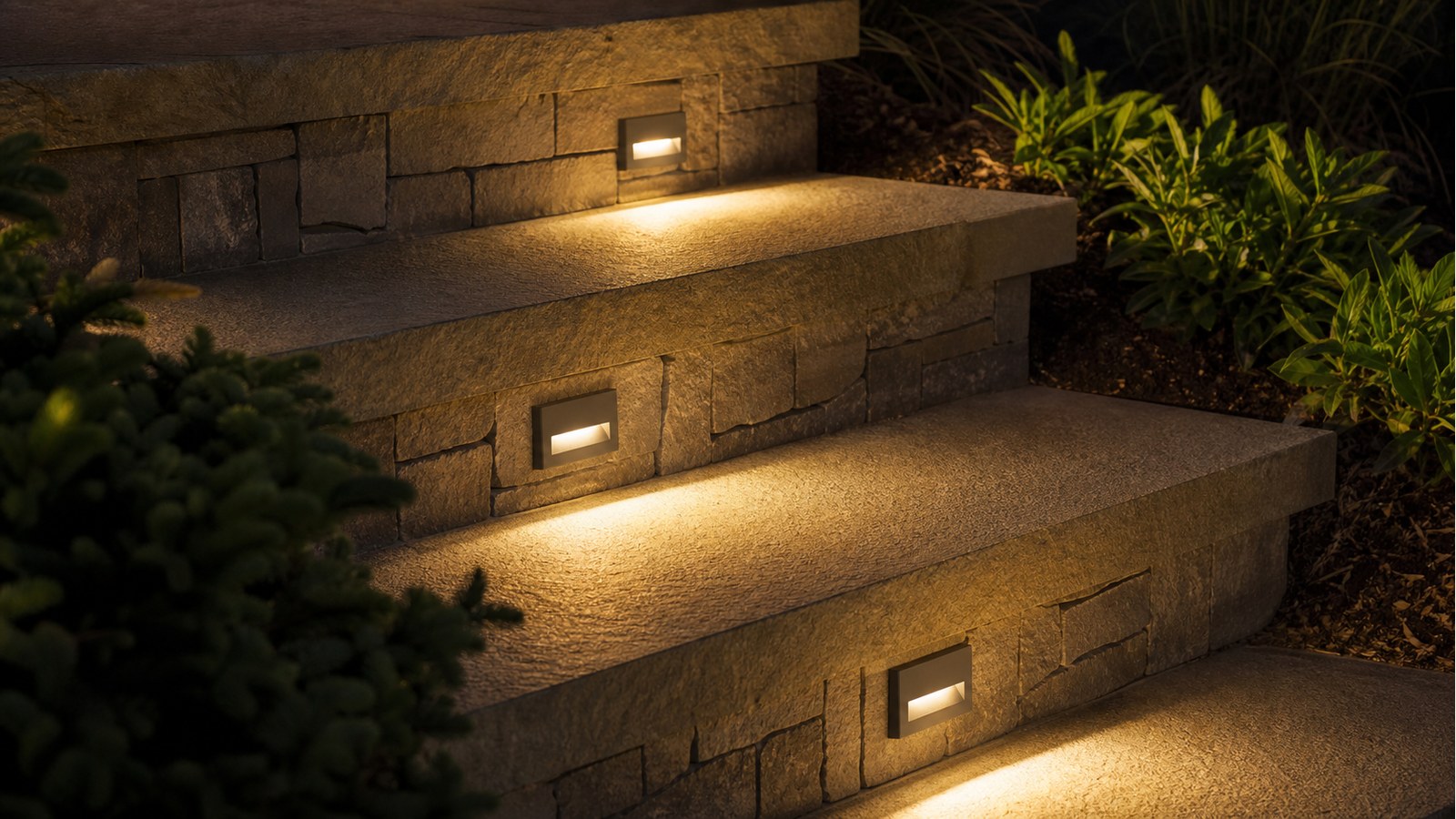 ตำแหน่งไฟ step light แบบฝังผนังที่ส่องลงพื้นขั้นบันได