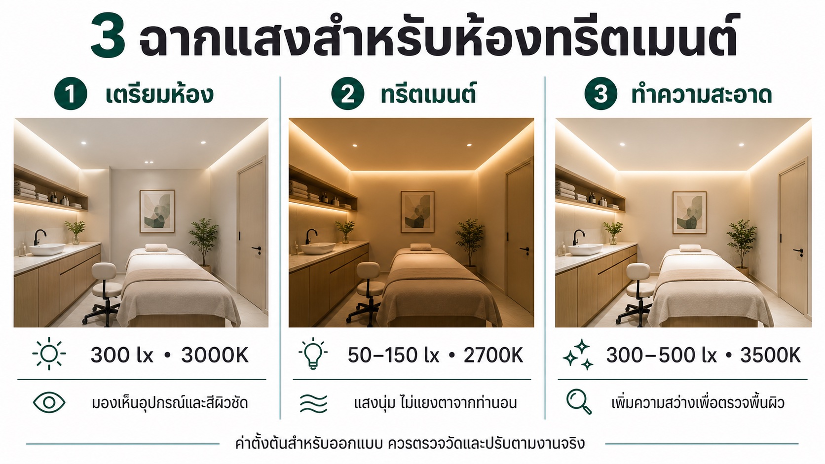 อินโฟกราฟิกสามฉากแสงสำหรับห้องทรีตเมนต์ ได้แก่ เตรียมห้อง ทรีตเมนต์ และทำความสะอาด