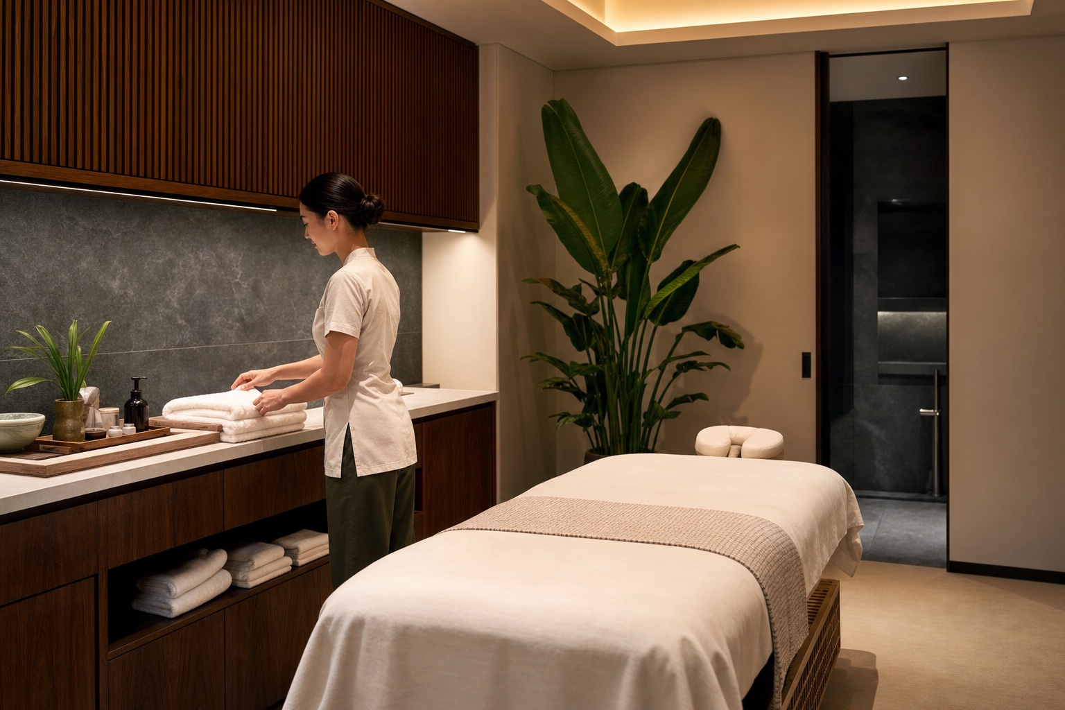 ห้องทรีตเมนต์สปาในโหมดเตรียมห้องที่ใช้แสงทำงานร่วมกับแสงบรรยากาศ