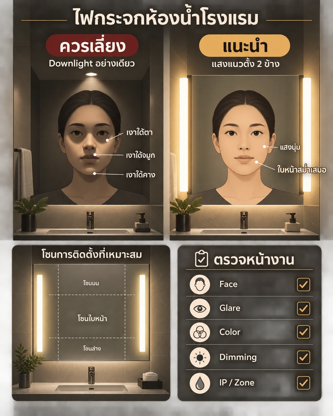 อินโฟกราฟิกเปรียบเทียบ Downlight อย่างเดียวกับไฟแนวตั้งสองข้างกระจกห้องน้ำโรงแรม