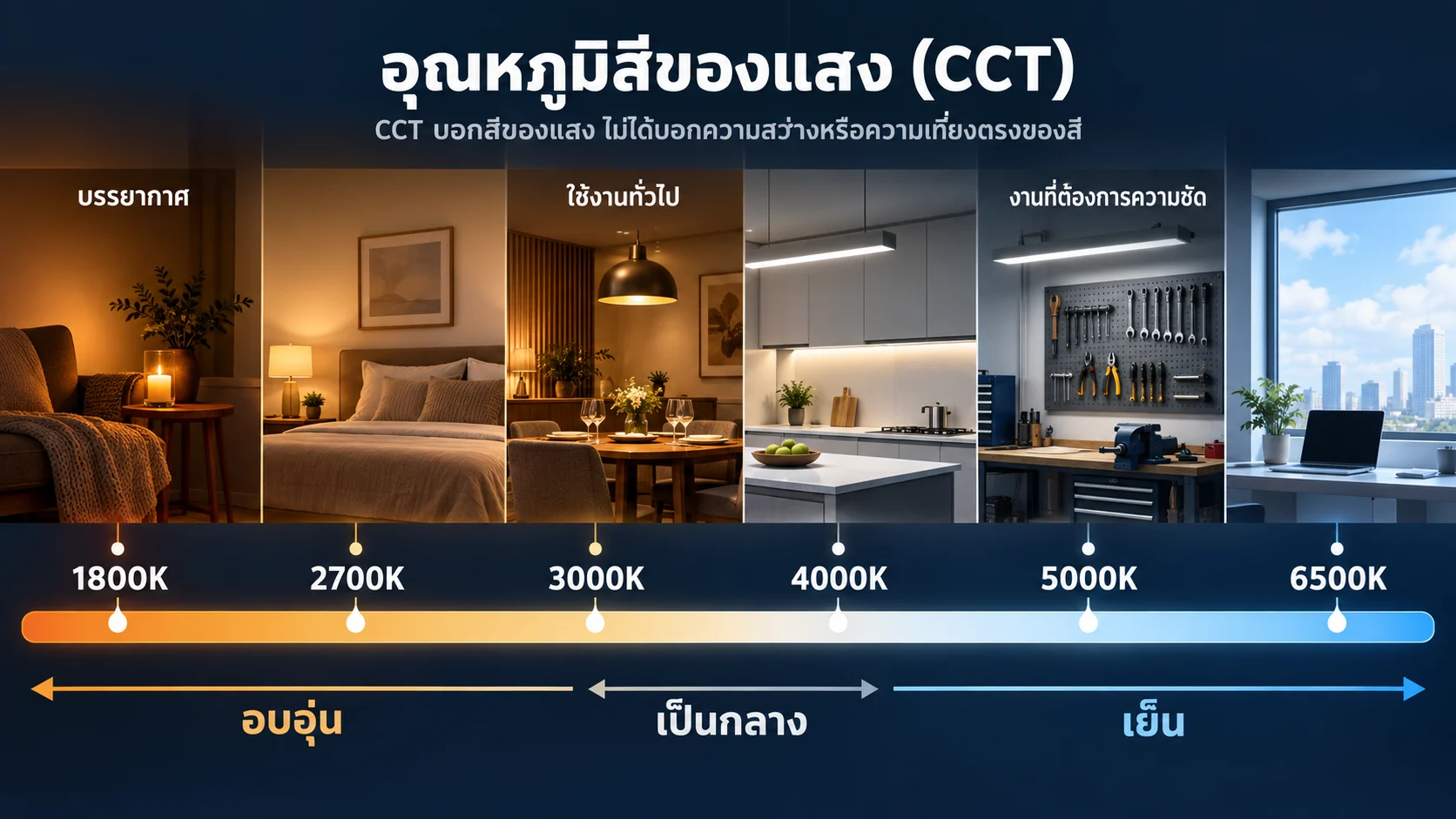 อินโฟกราฟิกอุณหภูมิสีของแสง CCT ตั้งแต่ 1800K 2700K 3000K 4000K 5000K ถึง 6500K เปรียบเทียบแสงอบอุ่น เป็นกลาง และแสงเย็น
