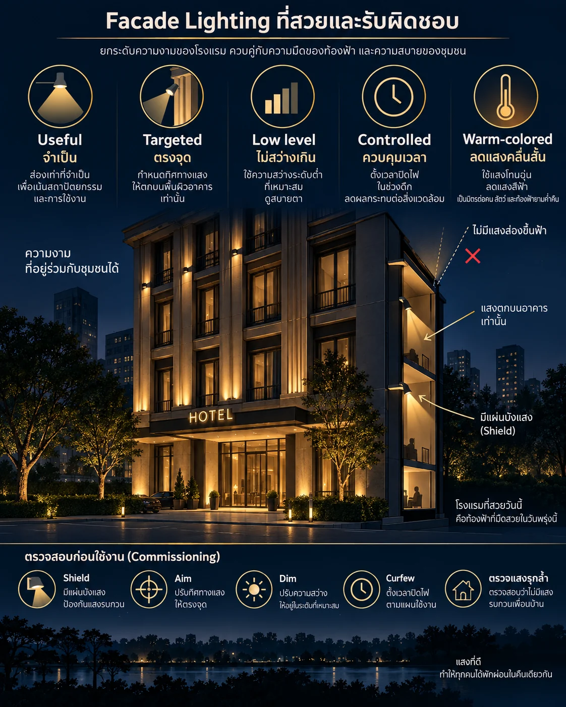 อินโฟกราฟิกหลัก Facade Lighting โรงแรมที่สวยและรับผิดชอบ