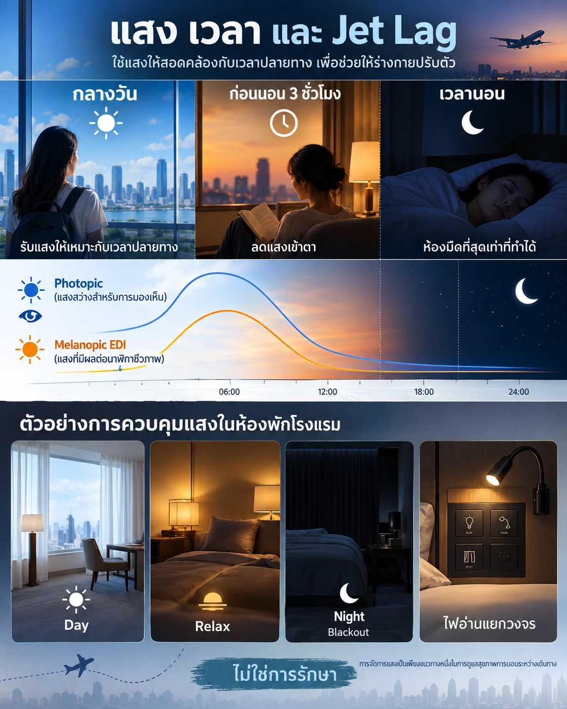 อินโฟกราฟิกแสง เวลา และ Jet Lag ในห้องพักโรงแรม