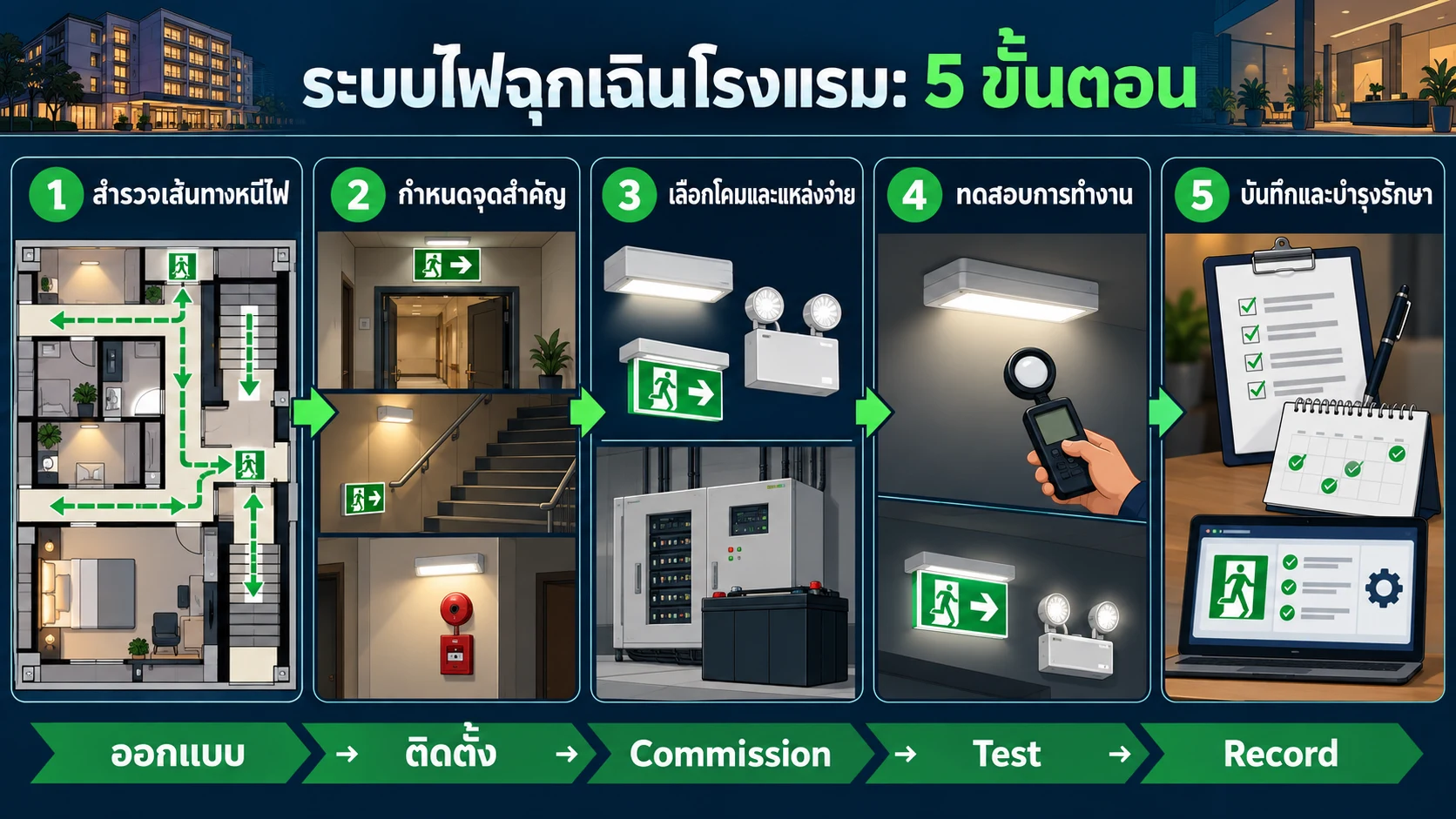 อินโฟกราฟิก 5 ขั้นตอนออกแบบ ตรวจสอบ และบำรุงรักษาระบบไฟฉุกเฉินโรงแรม