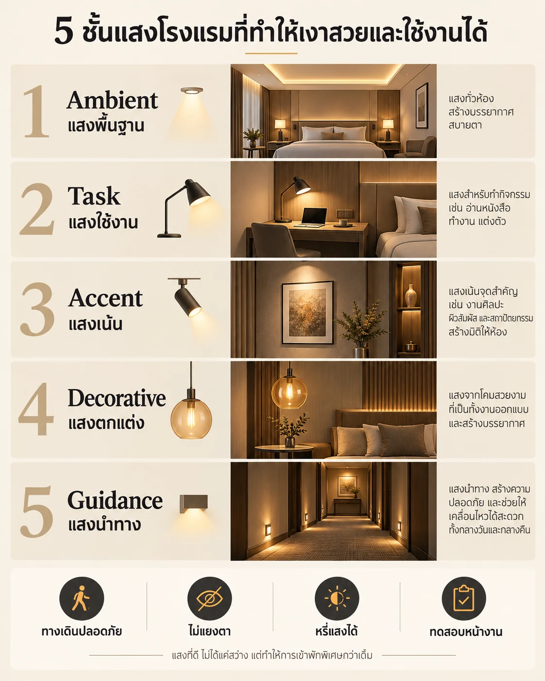 อินโฟกราฟิก 5 ชั้นแสงโรงแรม ได้แก่ Ambient Task Accent Decorative และ Guidance