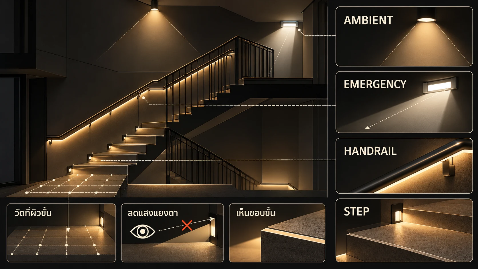 อินโฟกราฟิกระบบไฟบันไดโรงแรม Step Light Handrail Ambient และ Emergency