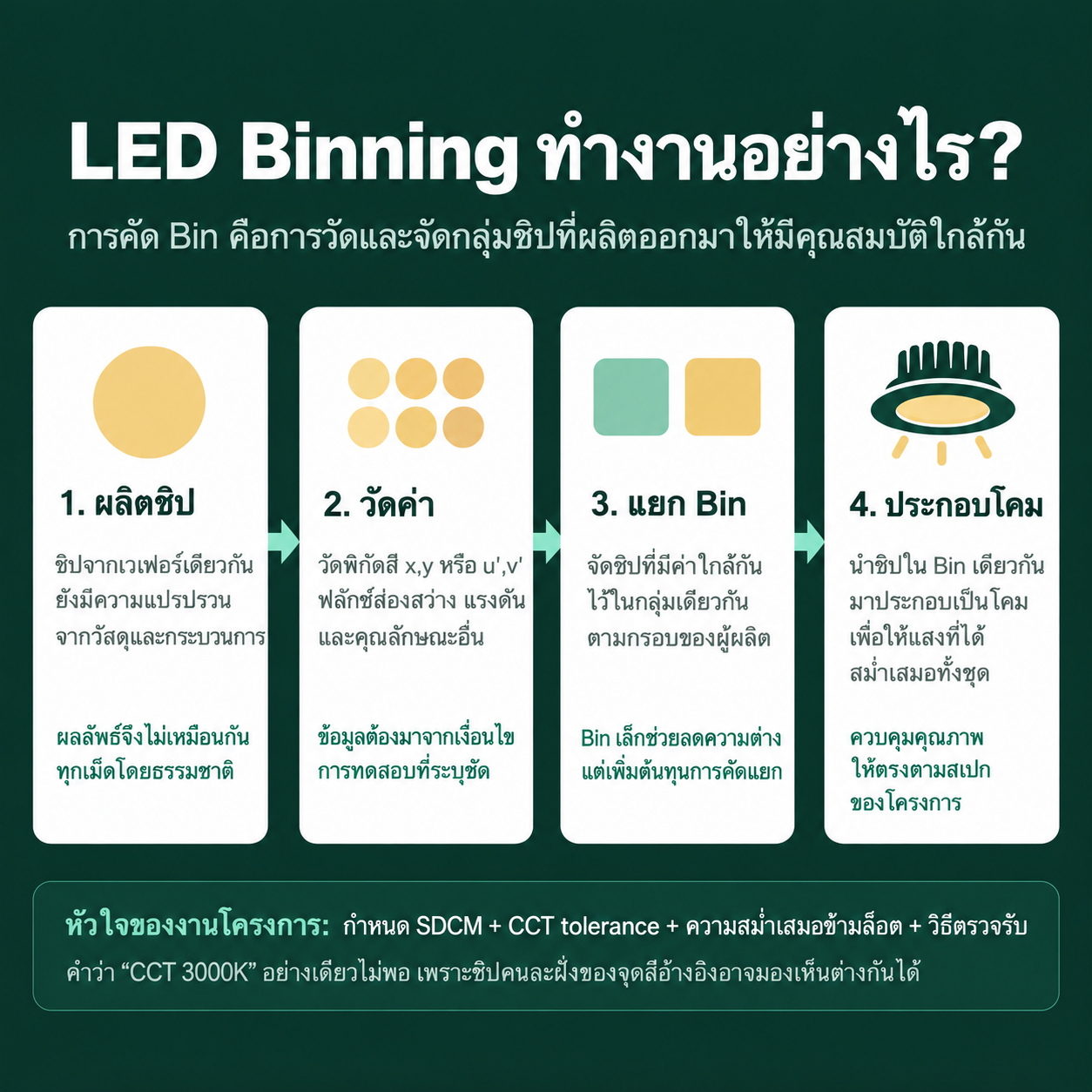 อินโฟกราฟิกขั้นตอนผลิต วัดค่า แยก Bin และประกอบโคม LED