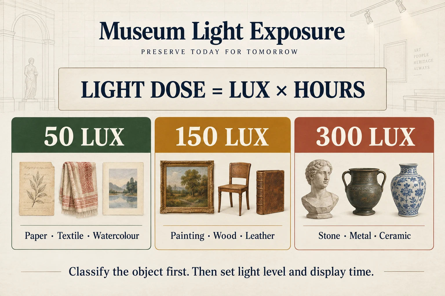 Infographic Light Dose เท่ากับ Lux คูณชั่วโมง พร้อมตัวอย่างระดับแสง 50 150 และ 300 Lux