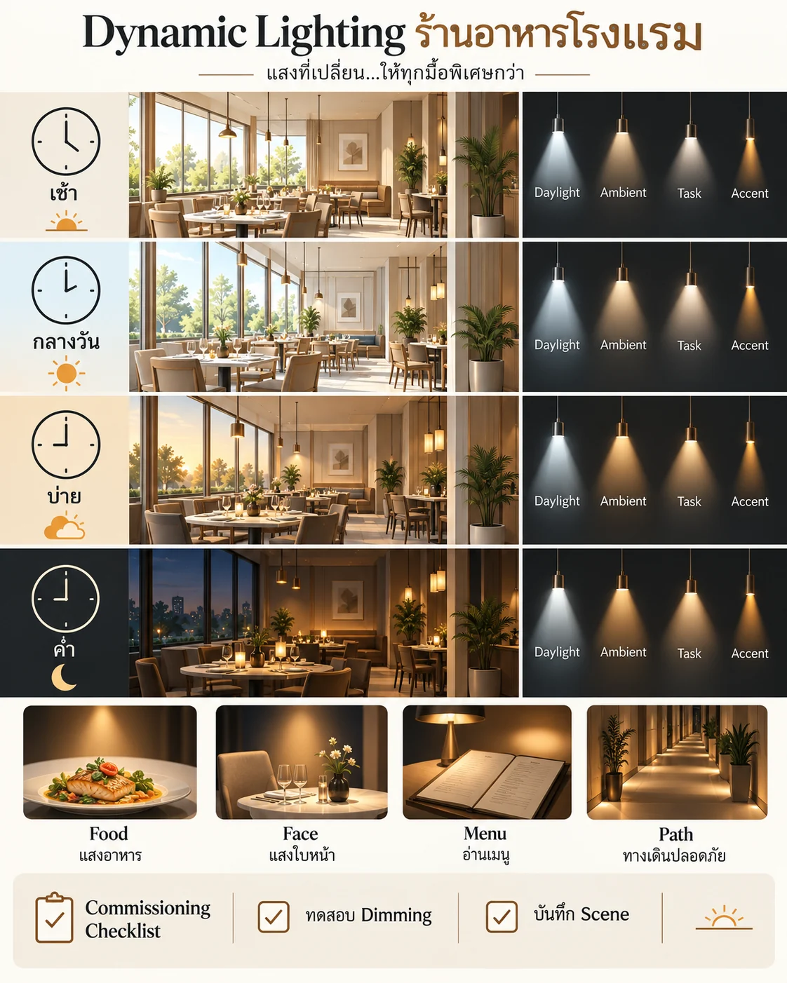 อินโฟกราฟิก Dynamic Lighting ร้านอาหารโรงแรมตั้งแต่เช้าถึงค่ำ