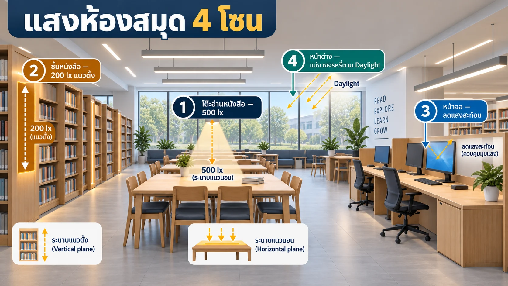 Original Thai infographic showing four school library lighting zones: 500 lx at reading desks, 200 lx vertically on bookshelves, screen reflection control, and daylight-responsive lighting