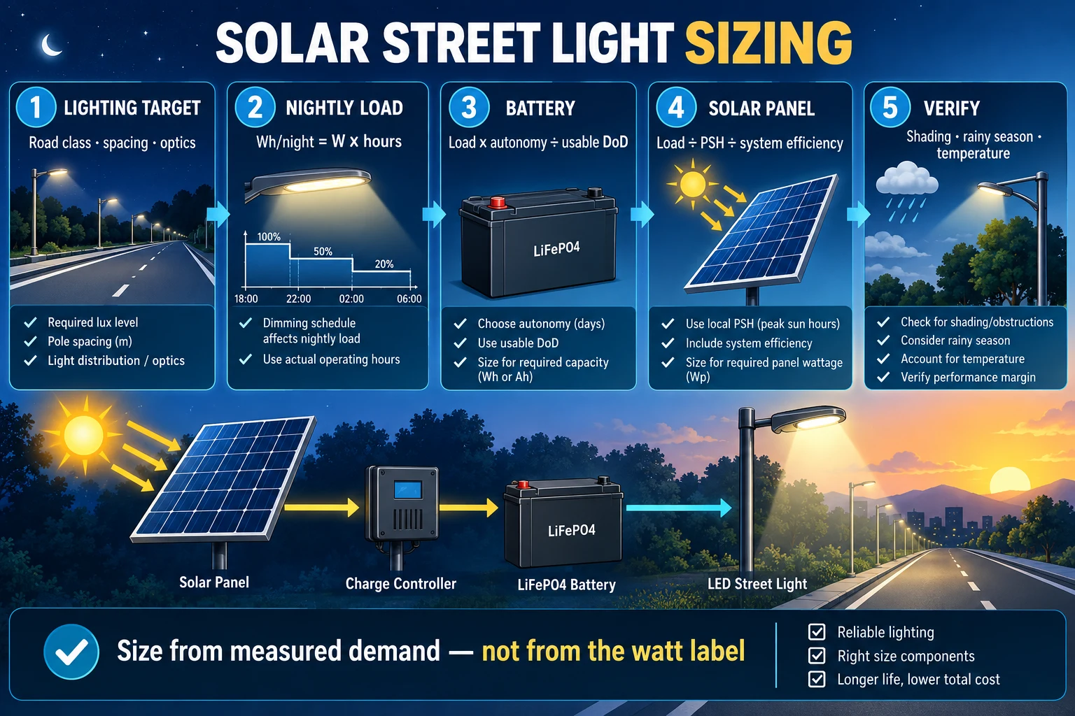 Infographic ขั้นตอนคำนวณ Solar Street Light แบบ Load-first