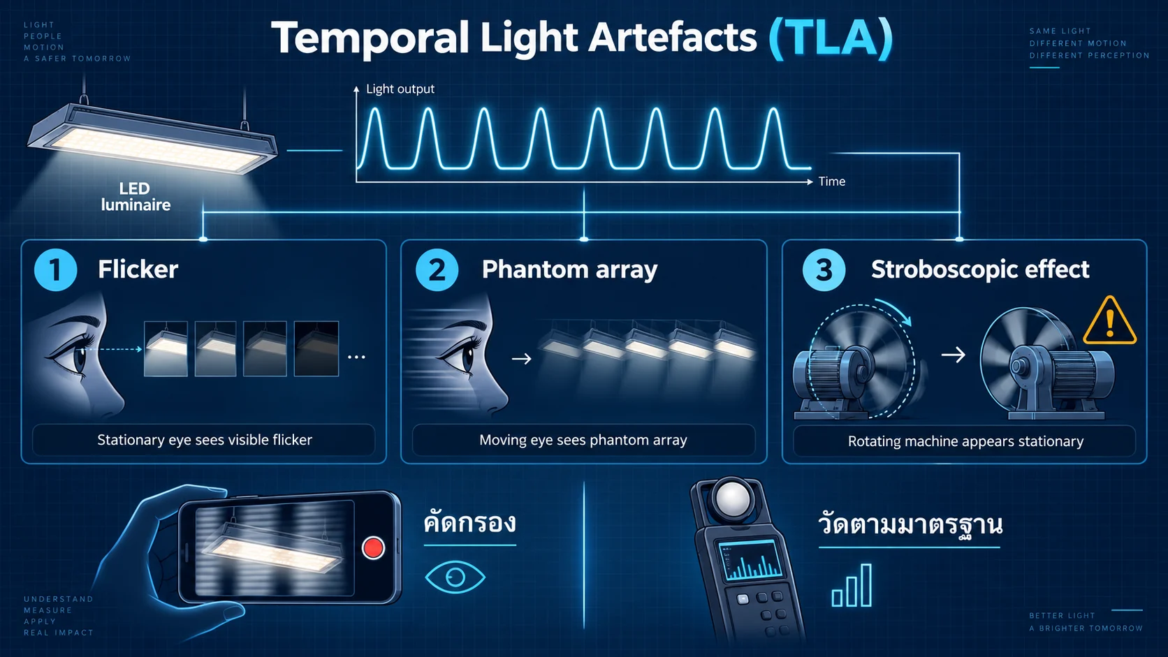 Infographic comparing flicker, phantom array, and stroboscopic effect, and distinguishing smartphone screening from standardized measurement