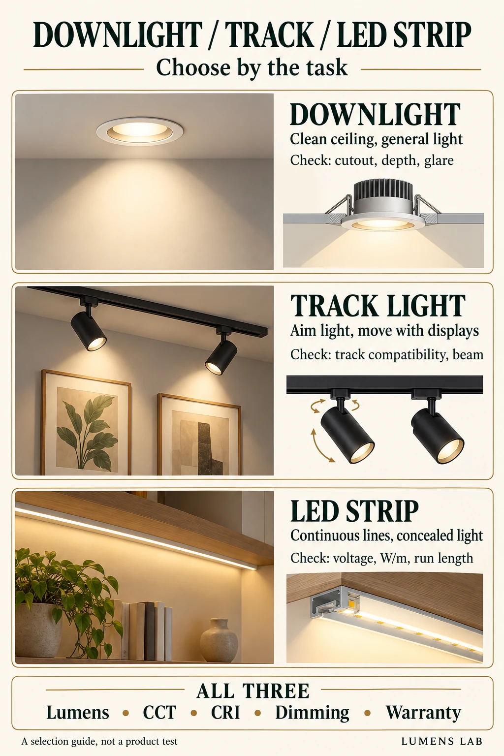 Original Thai infographic comparing downlights, track lights and LED strips; English summary follows